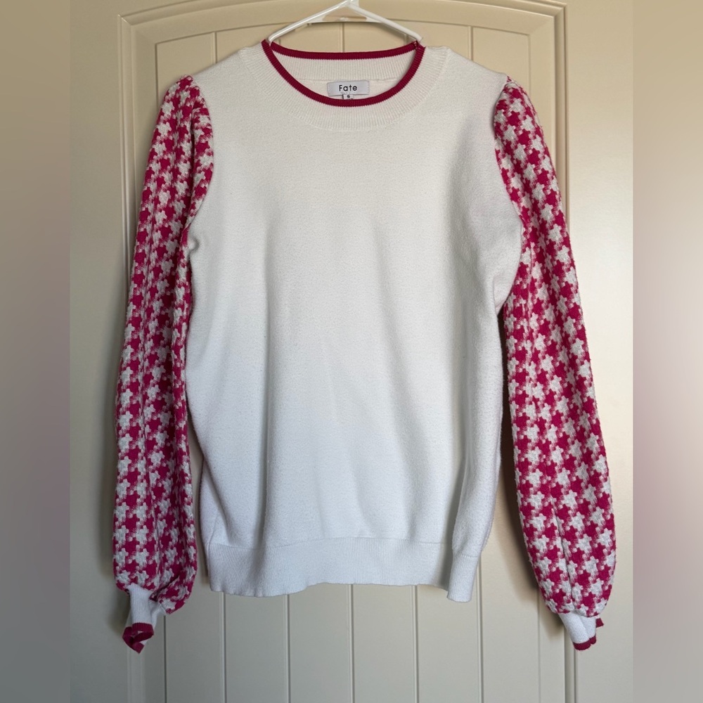 Fate White Sweater with Pink Trim Tight Knit